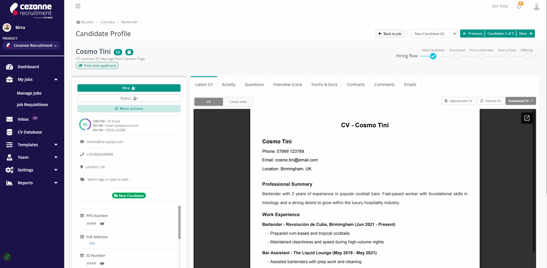 Candidate profile screenshot